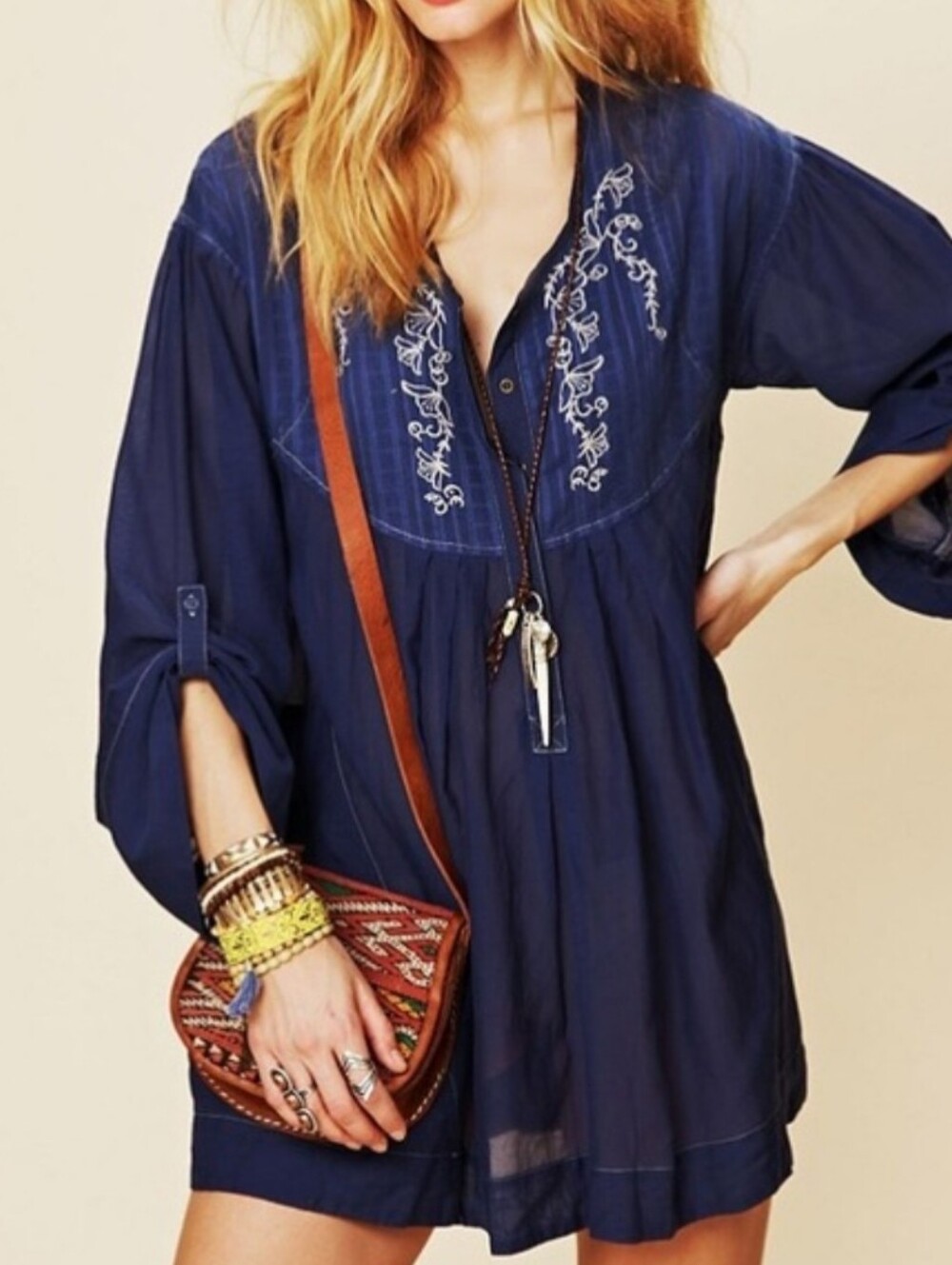 Free People Navy Blue Embroidered V-Neck Tunic